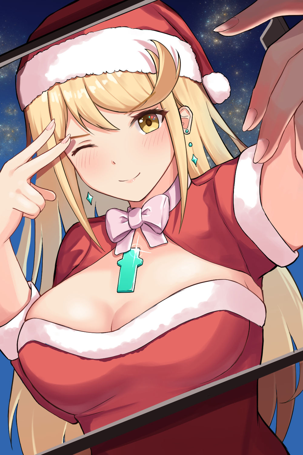 shiratamaaji, mythra (xenoblade), xenoblade chronicles (series), xenoblade chronicles 2, commentary request, highres, 1girl, blonde hair, breasts, chest jewel, cleavage, cleavage cutout, clothing cutout, core crystal (xenoblade), earrings, floating earrings, hat, jewelry, large breasts, long hair, one eye closed, santa costume, santa hat, selfie, short sleeves, smile, solo, swept bangs, upper body, very long hair, yellow eyes