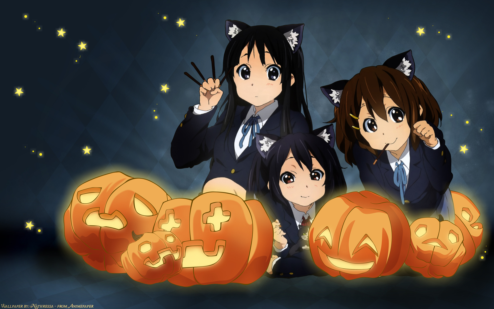 akiyama mio, hirasawa yui, nakano azusa, k-on!, highres, 00s, 3girls, animal ears, black eyes, black hair, blunt bangs, blush, brown eyes, brown hair, halloween, hime cut, long hair, mouth hold, multiple girls, pumpkin, ribbon, smile