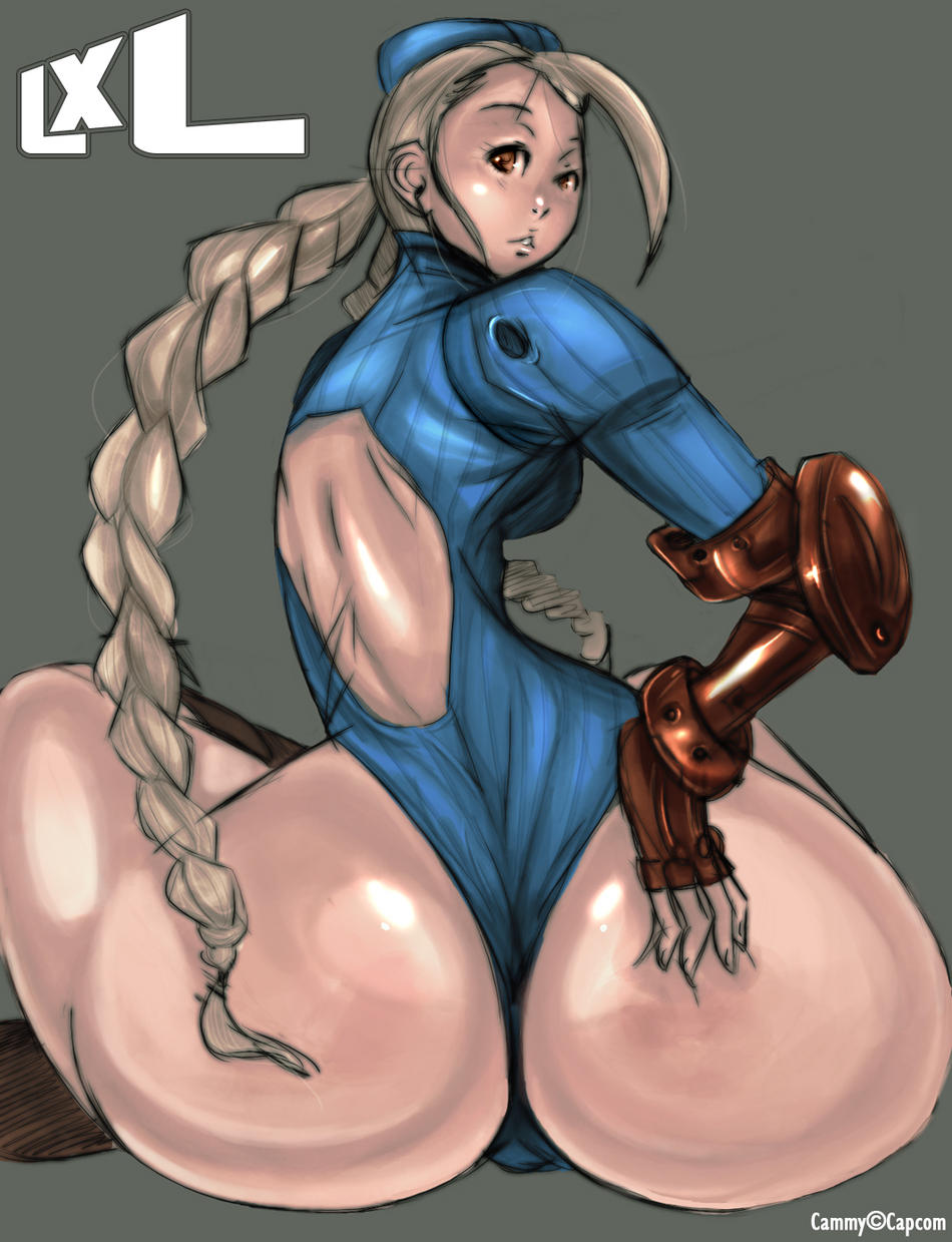 sam wells, cammy white, capcom, street fighter, ass grab, highres, 1girl, ahoge, armor, ass, back, back cutout, backless leotard, bad anatomy, bad proportions, blonde hair, blue eyes, boots, braid, character name, clothing cutout, company name, curvy, female focus, fingerless gloves, from behind, garrison cap, gloves, grey background, hand on own ass, hat, highleg, highleg leotard, huge ass, indian style, knee boots, leotard, long hair, looking back, parted lips, poorly drawn, pov, red eyes, ribbed leotard, simple background, sitting, solo, thick thighs, thighs, thong, thong leotard, turtleneck, twin braids, vambraces, very long hair, wide hips