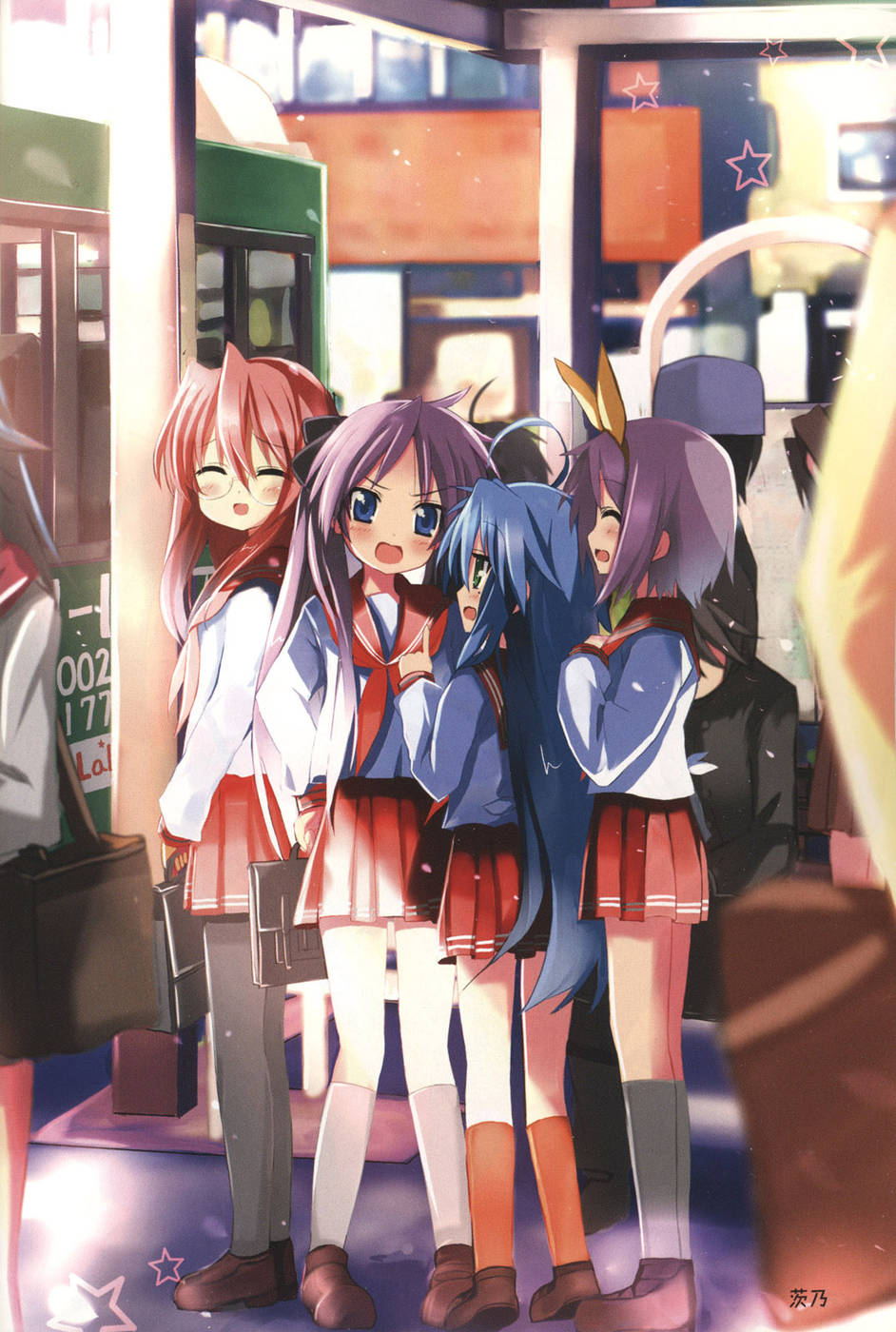 shino (eefy), hiiragi kagami, hiiragi tsukasa, izumi konata, takara miyuki, lucky star, highres, 00s, 4girls, ahoge, back, blue hair, blush, closed eyes, glasses, green eyes, long hair, multiple girls, pantyhose, pink hair, purple hair, ribbon, school uniform, serafuku, short hair, siblings, sisters, socks, tsurime, twins, twintails