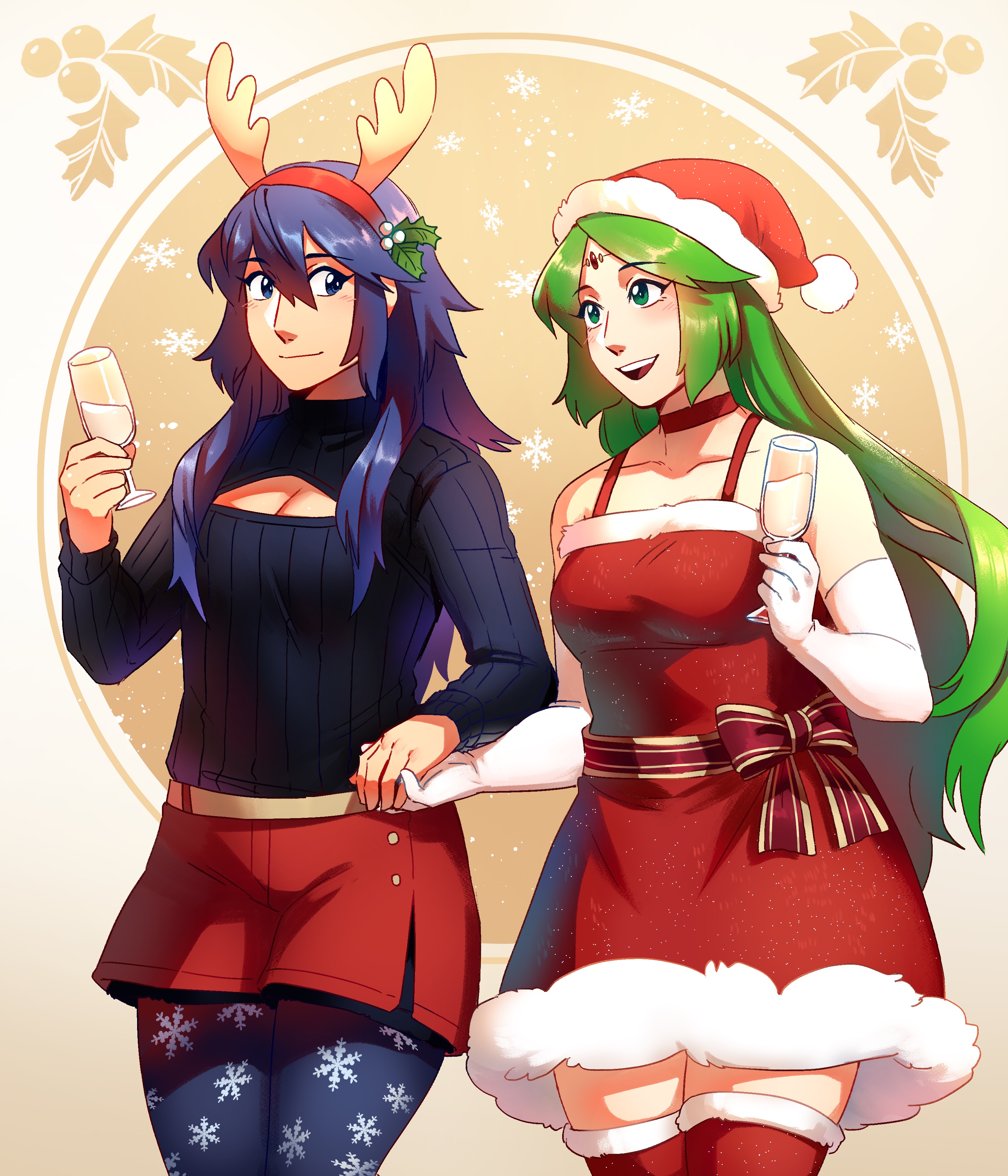 frogbians, lucina (fire emblem), palutena, fire emblem, fire emblem awakening, kid icarus, nintendo, highres, 2girls, antlers, blue dress, blue eyes, blue hair, breasts, christmas, christmas dress, crossover, dress, green eyes, green hair, hat, holding hands, horns, long hair, multiple girls, open mouth