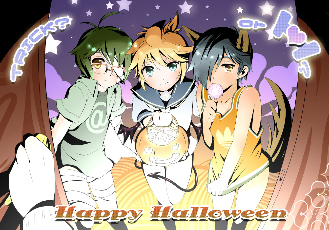 o-mars, akizuki ryo, ikezawa kazuma, kagamine len, idolmaster, idolmaster dearly stars, summer wars, vocaloid, costume, bad id, bad pixiv id, 00s, 3boys, androgynous, animal ears, bandages, bat wings, bottomless, candy, demon tail, dog ears, dog tail, fangs, food, halloween, kneehighs, male focus, multiple boys, shota, socks, tail, trap, trick or treat, wings