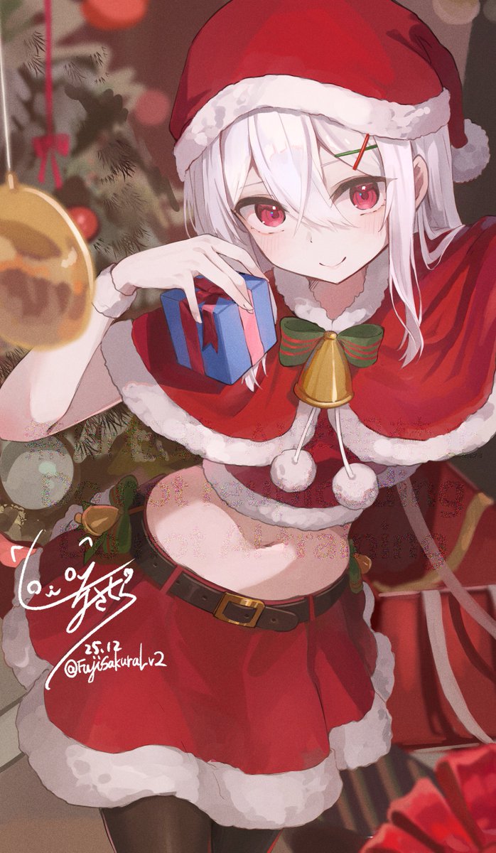fuji sakura, original, commentary request, highres, 1girl, belt, capelet, christmas tree, fur-trimmed capelet, fur-trimmed skirt, fur trim, gift, hair ornament, hairclip, holding, holding gift, looking at viewer, midriff, navel, pantyhose, red eyes, red skirt, santa costume, signature, skirt, solo, twitter username, white hair