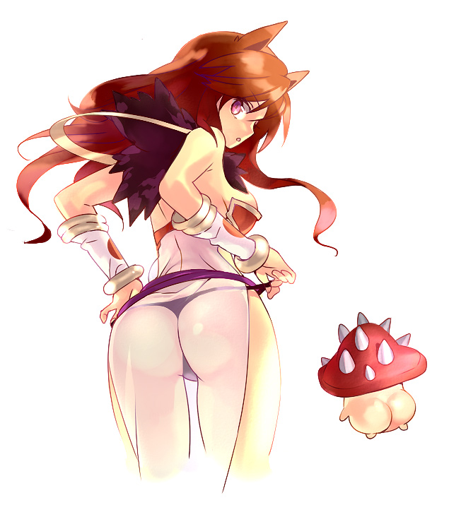 arutopian, sorcerer (ragnarok online), spore, spore (ragnarok online), ragnarok online, fur, 1girl, animal ears, ass, brown hair, cat ears, cat girl, curly hair, female focus, long hair, panties, pink eyes, see-through clothes, solo, thong, underwear, white background, wizard