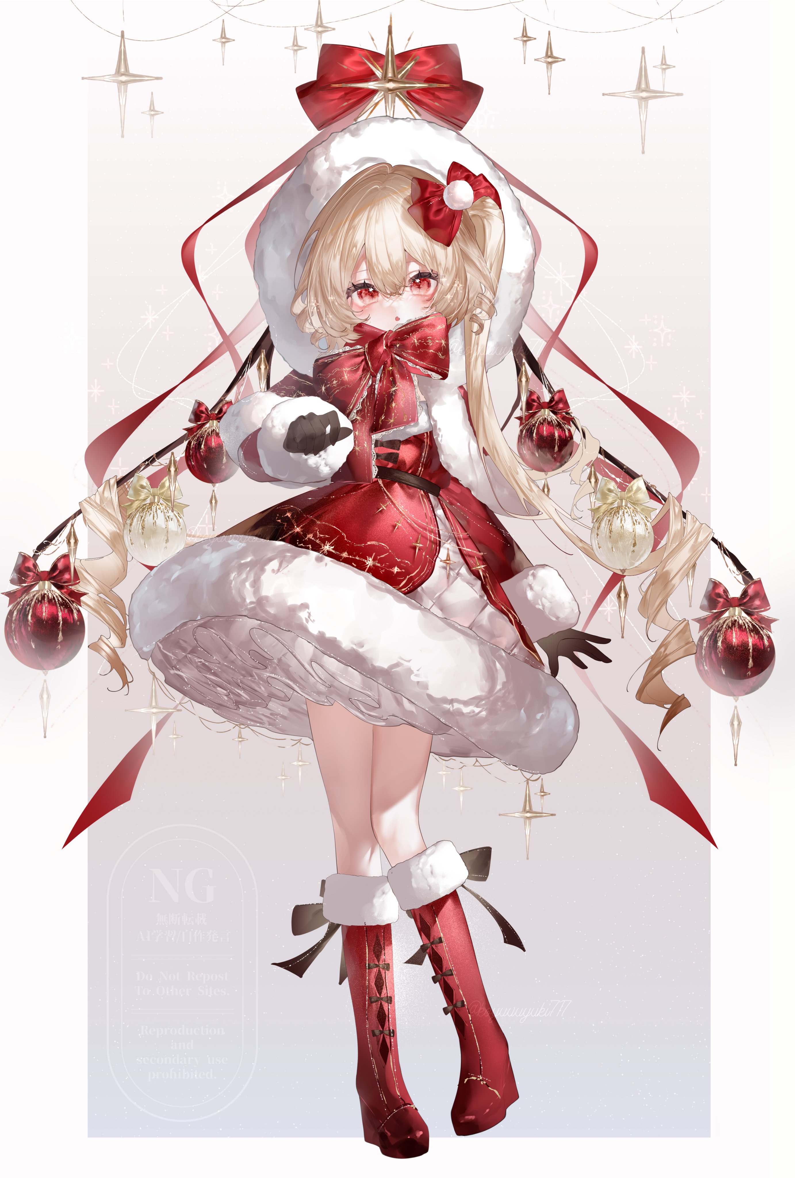 yukia (yukia 777), flandre scarlet, touhou, absurdres, commentary request, highres, 1girl, :o, alternate costume, alternate wings, black bow, black gloves, blonde hair, boots, border, bow, capelet, christmas, christmas ornaments, dress, dress bow, drill hair, footwear bow, full body, fur-trimmed boots, fur-trimmed capelet, fur-trimmed dress, fur trim, gloves, grey background, hair bow, hand up, hood, hood up, hooded capelet, knee boots, long hair, long sleeves, looking at viewer, parted lips, red boots, red bow, red capelet, red dress, red eyes, red scarf, scarf, scarf bow, side ponytail, solo, standing, standing on one leg, watermark, white border, wings