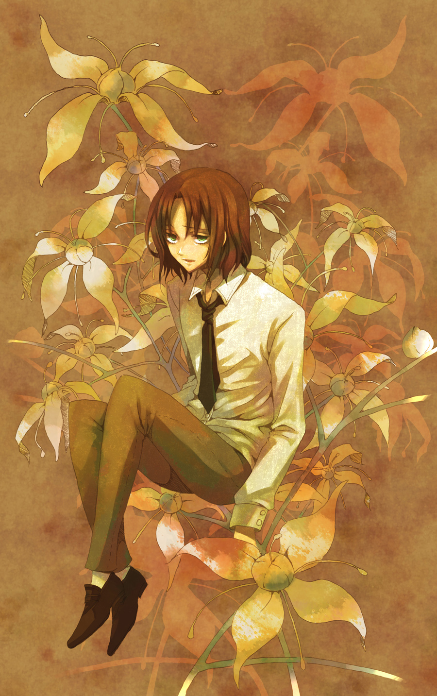 rinka, lithuania (hetalia), axis powers hetalia, highres, 00s, 1boy, brown hair, flower, full body, green eyes, male focus, necktie, pants, short hair, sitting, solo