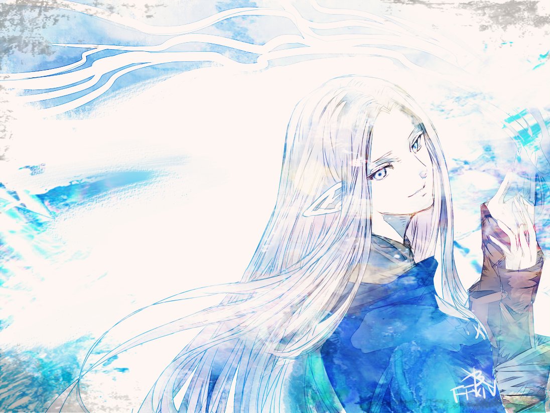 ruka (blueplus84), ysayle dangoulain, final fantasy, final fantasy xiv, commentary, 1girl, closed mouth, copyright name, elezen, elf, floating hair, hands up, long hair, pointy ears, smile, solo, upper body, very long hair, white eyes, white hair