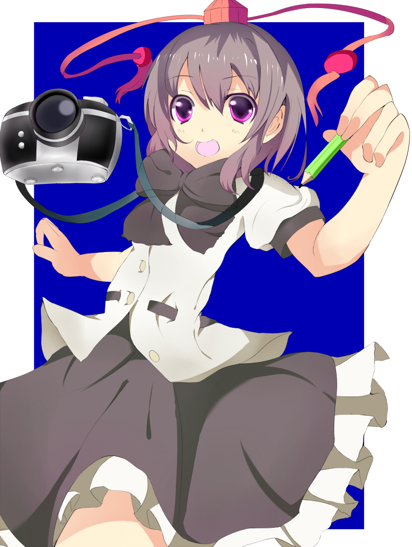 aa44, shameimaru aya, touhou, bad id, bad pixiv id, 1girl, black hair, camera, female focus, flat chest, hat, pencil, red eyes, short hair, solo, tokin hat, wooden pencil