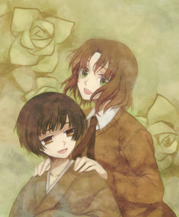 rinka, japan (hetalia), lithuania (hetalia), axis powers hetalia, 00s, 2boys, black hair, brown eyes, brown hair, flower, green eyes, japanese clothes, kimono, male focus, multiple boys, necktie, plant, short hair, smile, sweater, upper body