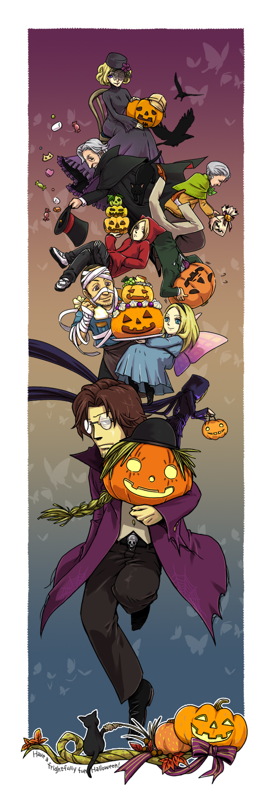 asato (artist), cecilia (folkssoul), dr.lester, harriet, ingrid (folkssoul), keats, mrs.lester, suzette, folkssoul, highres, bag, bandages, bird, blonde hair, blue eyes, braid, brown hair, candy, cape, cat, chair, coat, food, glasses, grey hair, hairband, halloween, hat, hood, jacket, long hair, pants, pumpkin, purple eyes, robe, shawl, short hair, trench coat