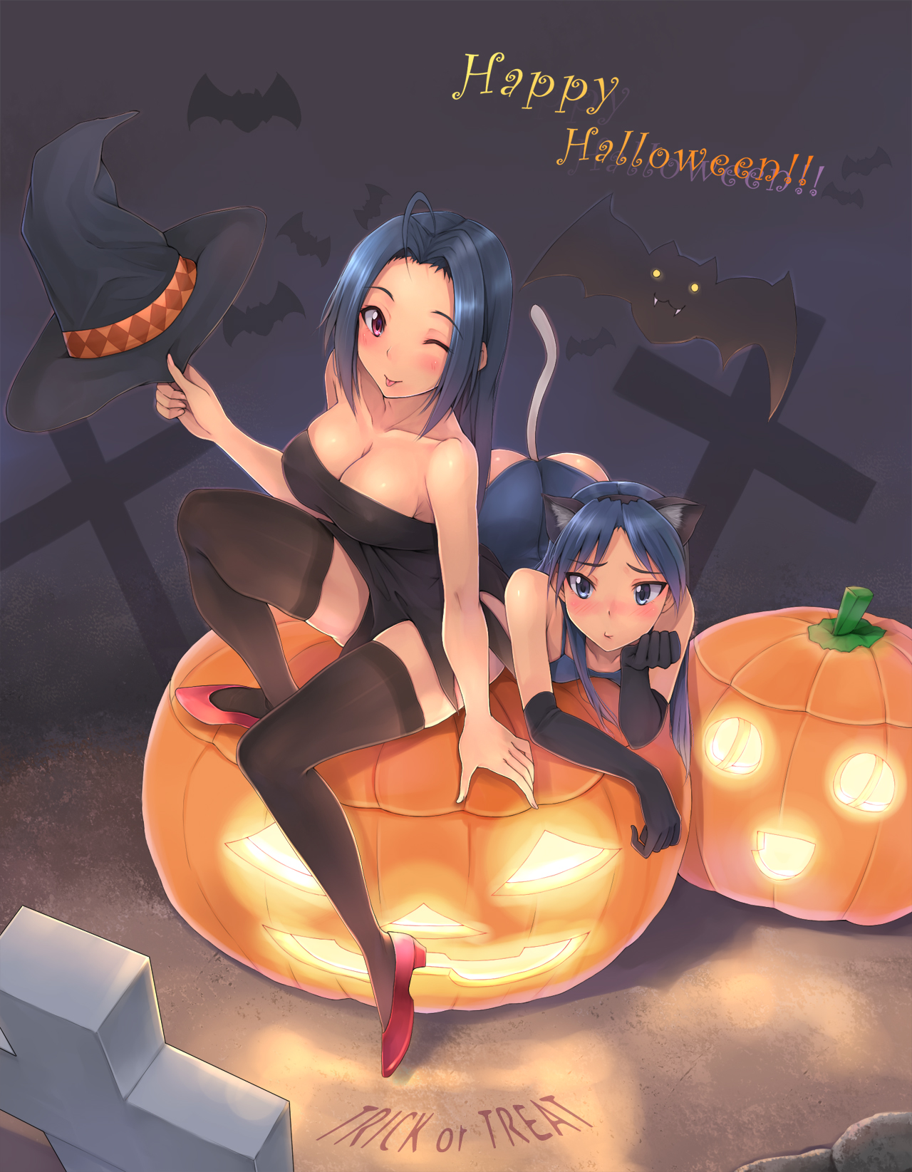 yuki usagi (mofurafu), kisaragi chihaya, miura azusa, idolmaster, idolmaster (classic), highres, 00s, 2girls, ;p, ahoge, animal ears, blue eyes, blue hair, blush, breasts, cat ears, cleavage, elbow gloves, gloves, halloween, happy halloween, hat, jack-o'-lantern, large breasts, legs, multiple girls, one eye closed, pumpkin, red eyes, sitting, thighhighs, tongue, tongue out, trick or treat, wink, witch hat