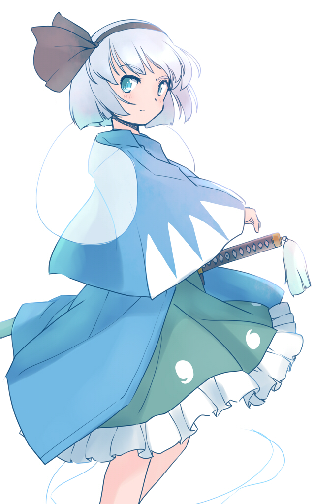 rangycrow, konpaku youmu, konpaku youmu (ghost), touhou, commentary request, 1girl, aqua eyes, black hairband, black ribbon, blue cloak, cloak, feet out of frame, frilled skirt, frills, ghost print, green skirt, grey hair, hair ribbon, hairband, katana, light blush, light frown, ribbon, sheath, sheathed, short hair, sideways glance, skirt, solo, sword, sword tassel, tassel, weapon