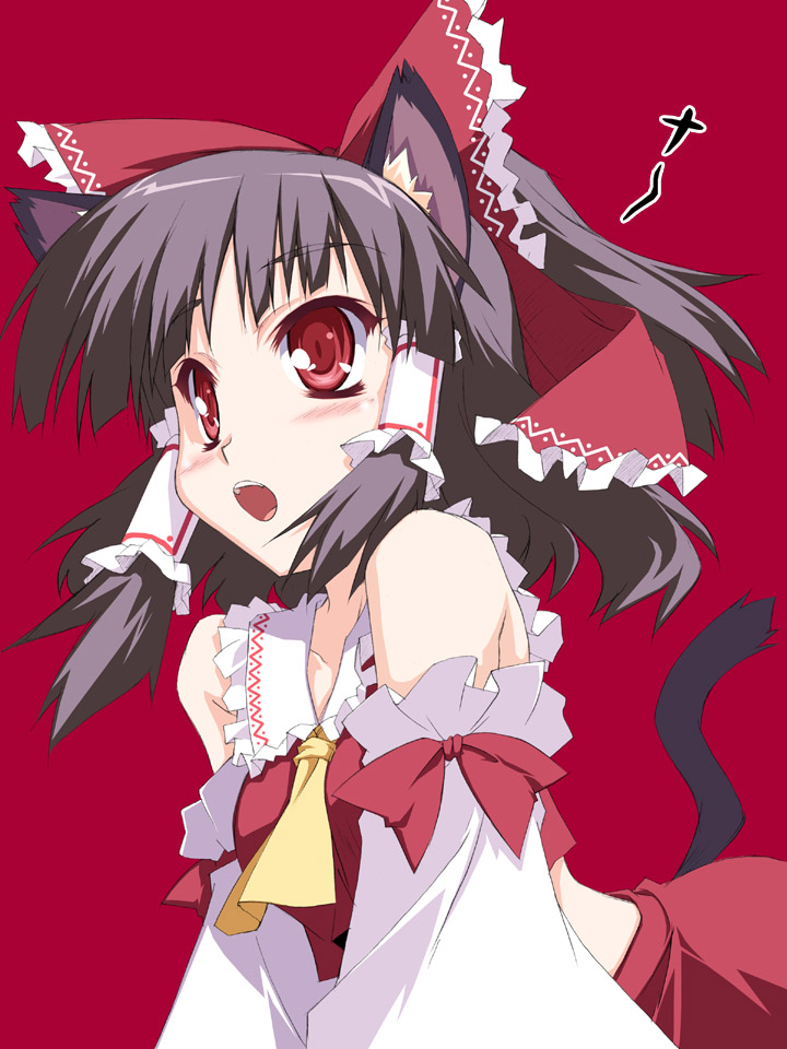 yamano sachi, hakurei reimu, touhou, 1girl, animal ears, bare shoulders, black hair, blush, cat ears, cat girl, cat tail, detached sleeves, female focus, hair ribbon, japanese clothes, kemonomimi mode, miko, open mouth, red eyes, ribbon, simple background, solo, tail