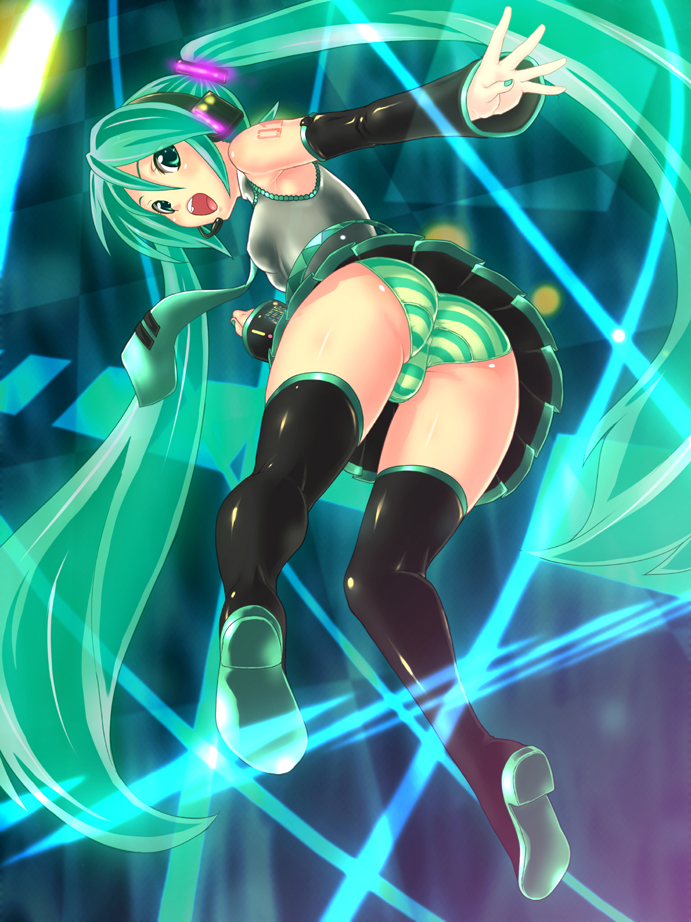 rokko, hatsune miku, vocaloid, bad id, bad pixiv id, 1girl, aqua eyes, aqua hair, ass, detached sleeves, female focus, legs, long hair, panties, solo, striped clothes, striped panties, thighhighs, twintails, underwear