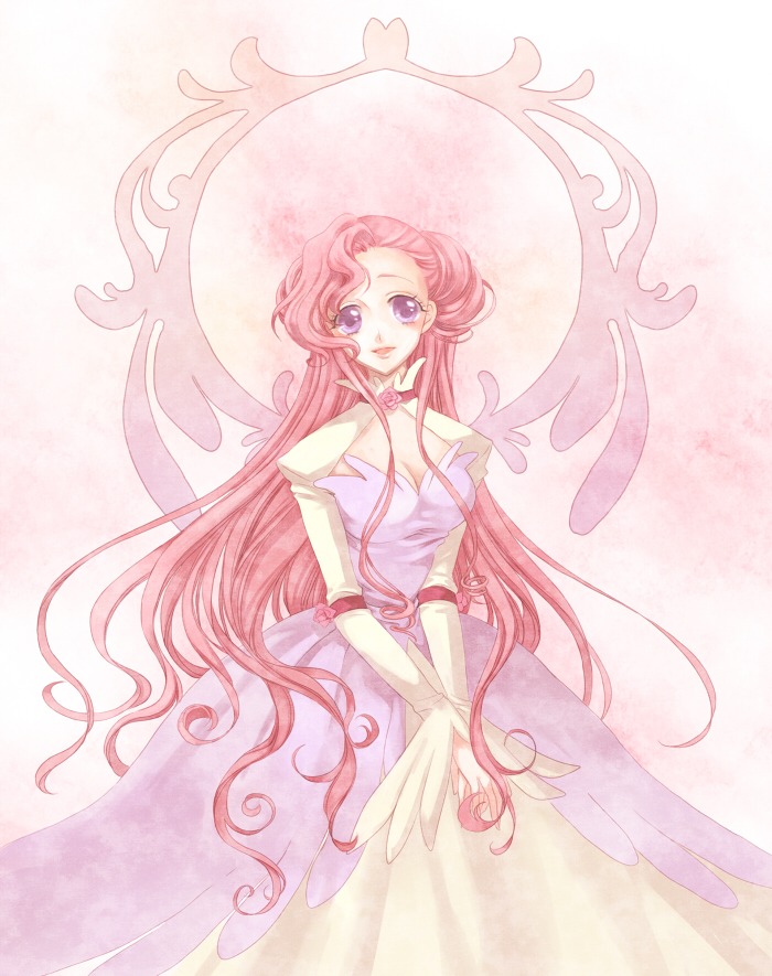 rinka, euphemia li britannia, code geass, 00s, 1girl, breasts, cleavage, dress, female focus, flower, formal clothes, gradient background, long hair, long sleeves, pink hair, purple eyes, rose, smile, solo, very long hair