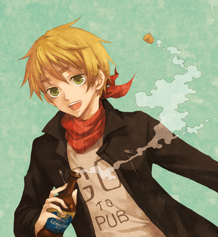 rinka, united kingdom (hetalia), axis powers hetalia, 00s, 1boy, alcohol, beer, blonde hair, bottle, cork, green eyes, jacket, male focus, scarf, short hair, smile, solo