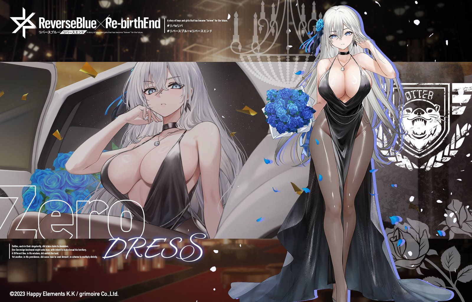 teddypocky, reverseblue x re-birthend, character request, commentary request, highres, 1girl, black choker, black dress, blue flower, blue petals, blue rose, bouquet, breasts, chandelier, choker, copyright name, copyright notice, dress, falling petals, flower, grey eyes, grey hair, hair flower, hair ornament, holding, holding bouquet, jewelry, long hair, necklace, pelvic curtain, petals, rose, sleeveless, sleeveless dress, solo