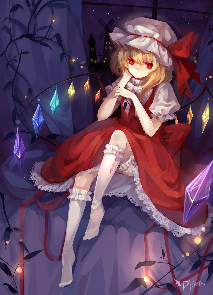 dhiea, flandre scarlet, embodiment of scarlet devil, touhou, 1girl, argyle clothes, argyle socks, blonde hair, branch, colored eyelashes, curtains, expressionless, eyelashes, female focus, frilled socks, frills, glowing, hat, head rest, kneehighs, lace, night, red eyes, ribbon, short hair, signature, sitting, socks, solo, white socks, windmill, wings