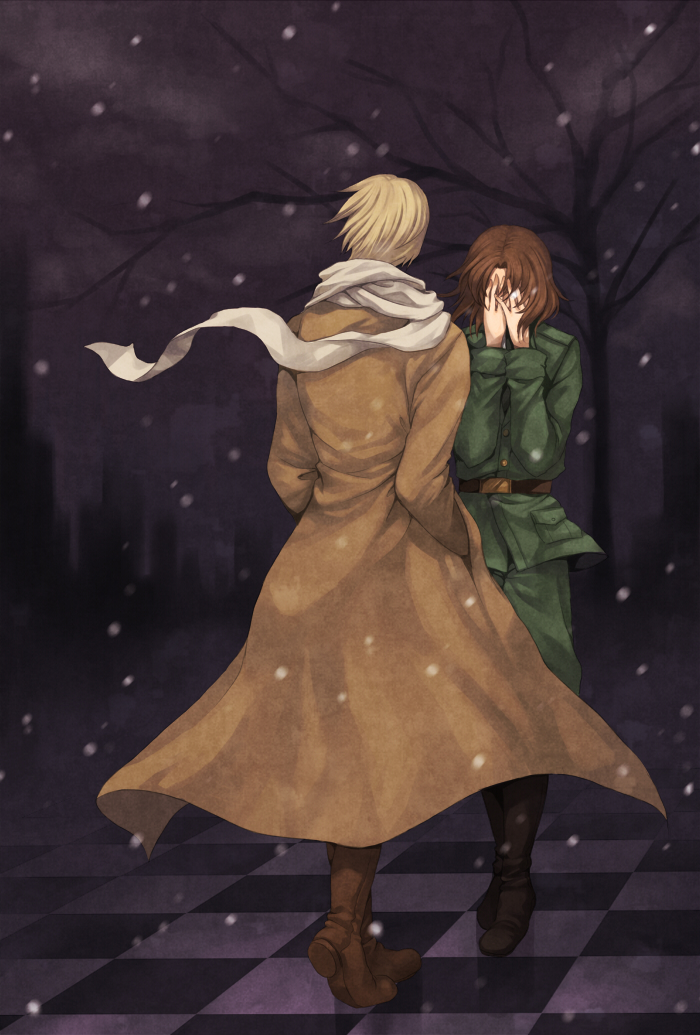rinka, lithuania (hetalia), russia (hetalia), axis powers hetalia, 00s, 2boys, belt, blonde hair, boots, brown hair, coat, hands in pockets, male focus, military, military uniform, multiple boys, outdoors, scarf, short hair, snow, trench coat