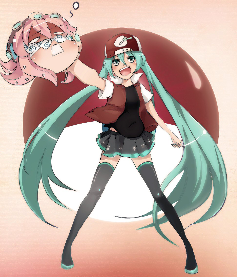kio sayuki, ash ketchum, hatsune miku, megurine luka, red (pokemon), takoluka, nintendo, pokemon, pokemon (anime), vocaloid, bad id, bad pixiv id, aqua eyes, aqua hair, ash ketchum (cosplay), boots, child, cosplay, hat, long hair, red (pokemon) (cosplay), thigh boots, thighhighs, twintails, very long hair