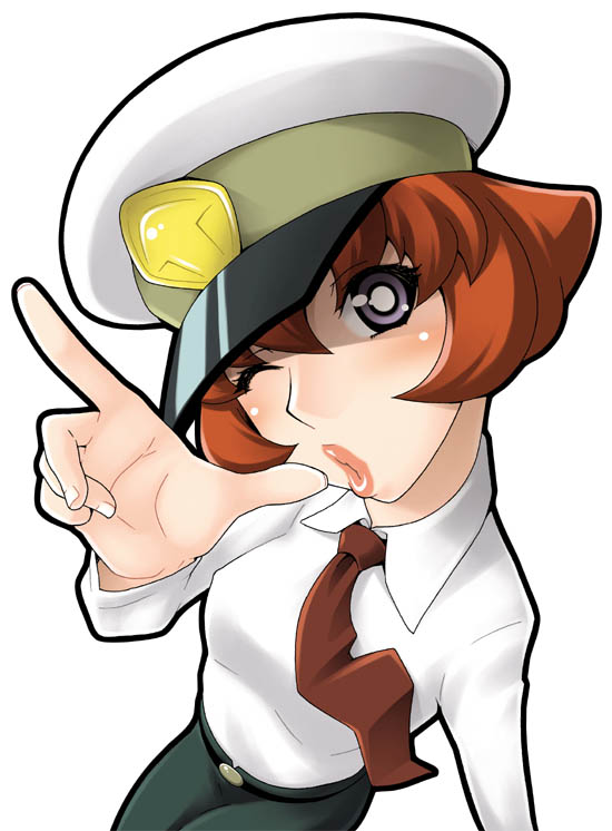 nishimo, bashin hayami, speed star, battle spirits, battle spirits: shounen toppa bashin, uniform, 00s, 1girl, ;o, badge, belt, blush, bob cut, breasts, brown hair, covered erect nipples, dress shirt, female focus, foreshortening, hat, head tilt, lips, lipstick, looking at viewer, makeup, mature female, medium breasts, necktie, one eye closed, orange hair, pants, peaked cap, pointing, purple eyes, shirt, short hair, simple background, solo, wink