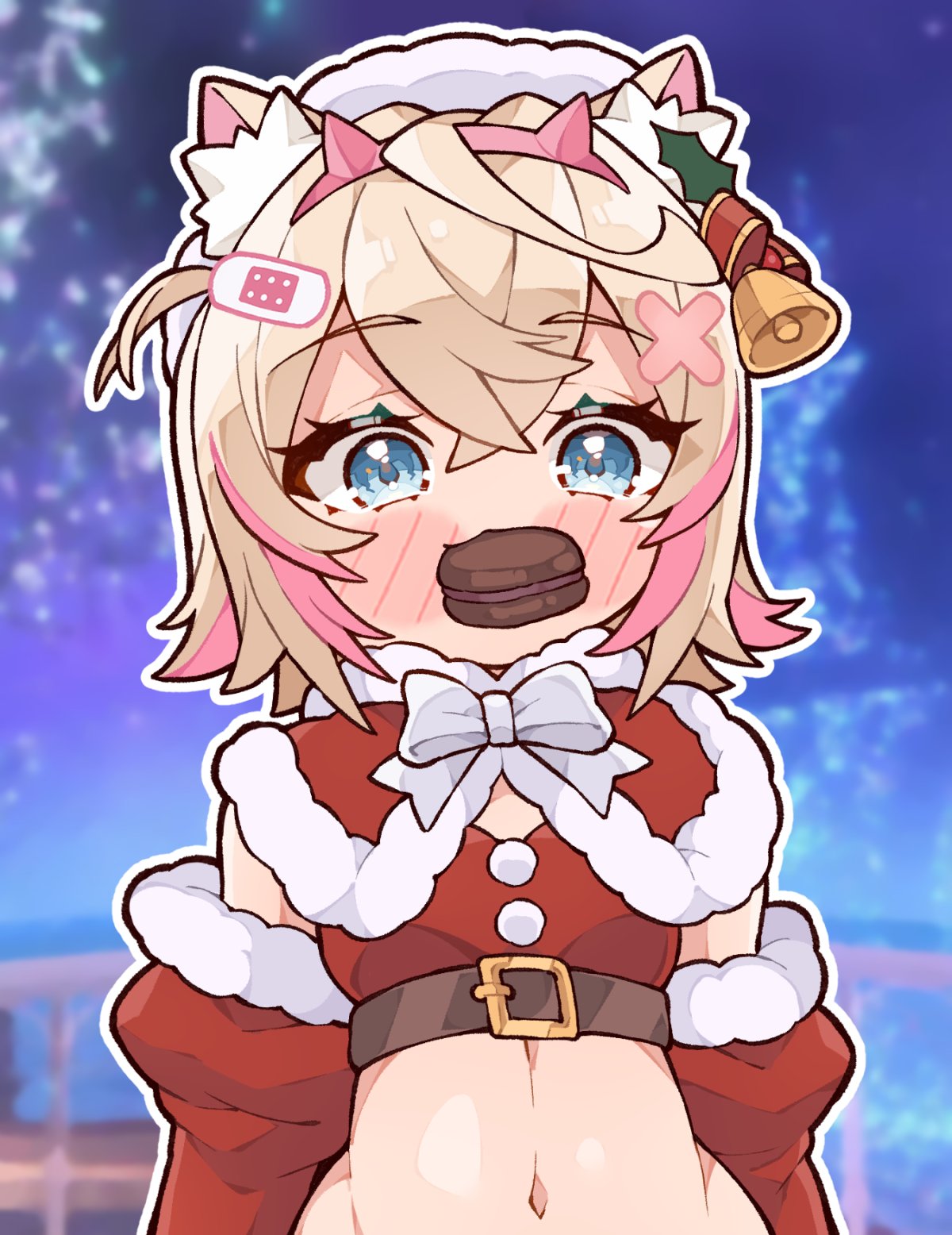 kukie-nyan, mococo abyssgard, hololive, hololive english, commentary, english commentary, highres, 1girl, animal ear fluff, animal ears, blonde hair, blue eyes, blurry, blurry background, blush stickers, capelet, chibi, christmas, cropped shirt, detached sleeves, dog ears, dog girl, food, holding, holding food, mouth hold, multicolored hair, navel, pink hair, red capelet, red shirt, red sleeves, shirt, short hair, solo, streaked hair, two-tone hair, upper body, virtual youtuber