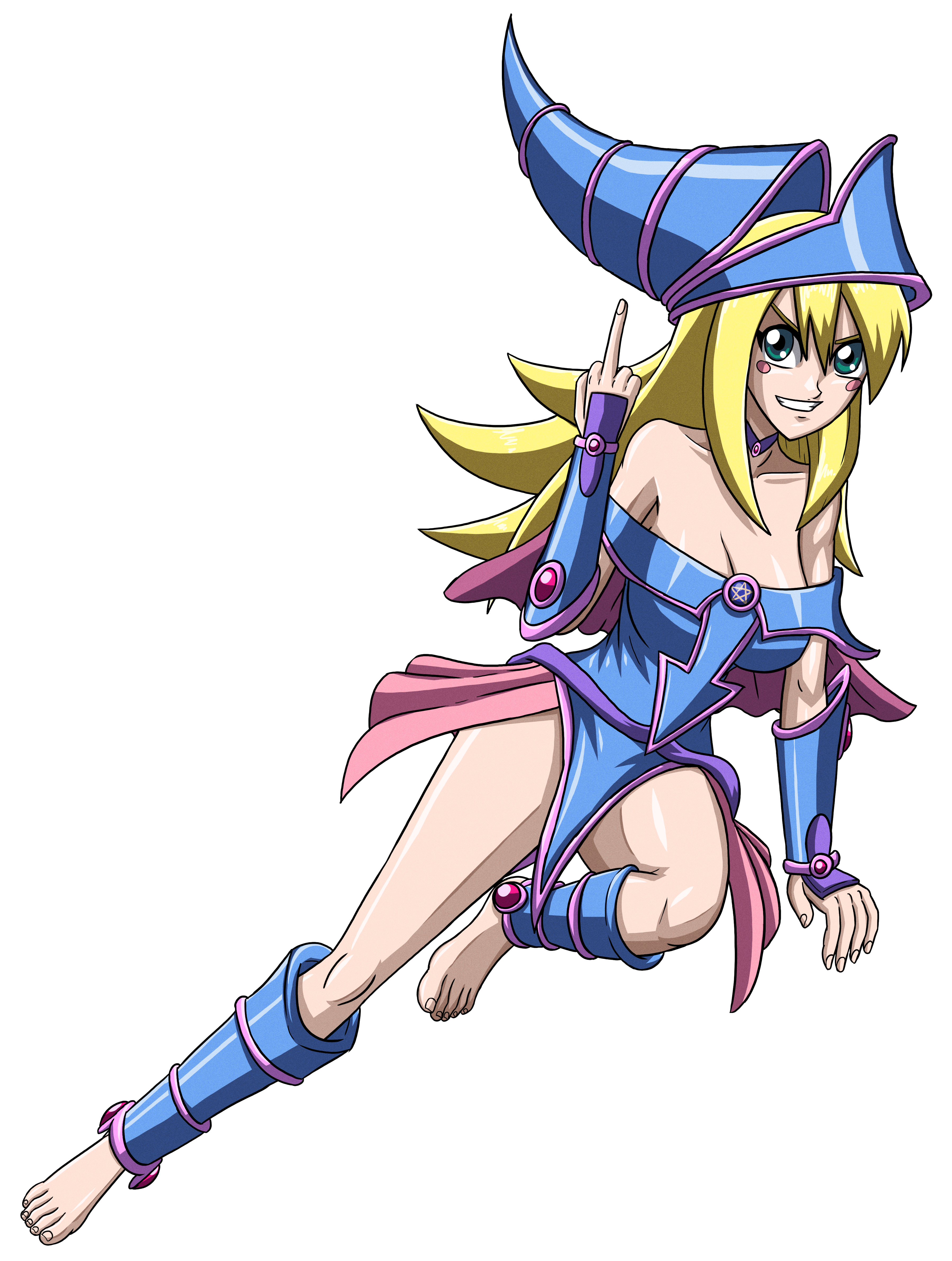 artemis-polara, dark magician girl, yu-gi-oh!, absurdres, commentary, english commentary, highres, 1girl, bare shoulders, barefoot, blonde hair, blue hat, blush, blush stickers, breasts, capelet, cleavage, duel monster, green eyes, hat, large breasts, long hair, middle finger, phrygian helmet, pink capelet, showgirl skirt, skirt, smile, solo, wizard hat