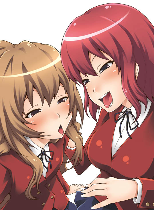 nishimo, aisaka taiga, kushieda minori, toradora!, 00s, 2girls, blush, brown eyes, brown hair, long hair, multiple girls, naughty face, red hair, school uniform, short hair, tongue