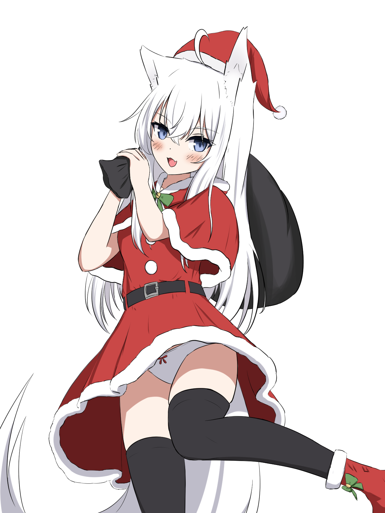 natsuginji, original, commentary request, highres, 1girl, :d, animal ear fluff, animal ears, belt, belt buckle, black belt, black thighhighs, blue eyes, blush, boots, bow, bow panties, buckle, capelet, dress, fang, feet out of frame, fox ears, fox girl, fox tail, fur-trimmed capelet, fur-trimmed dress, fur-trimmed headwear, fur trim, green bow, hair between eyes, hands up, hat, holding, holding sack, knees together feet apart, long hair, looking at viewer, open mouth, panties, red boots, red capelet, sack, santa costume, santa hat, simple background, smile, solo, standing, standing on one leg, tail, thighhighs, thighhighs under boots, underwear, very long hair, white background, white hair, white panties