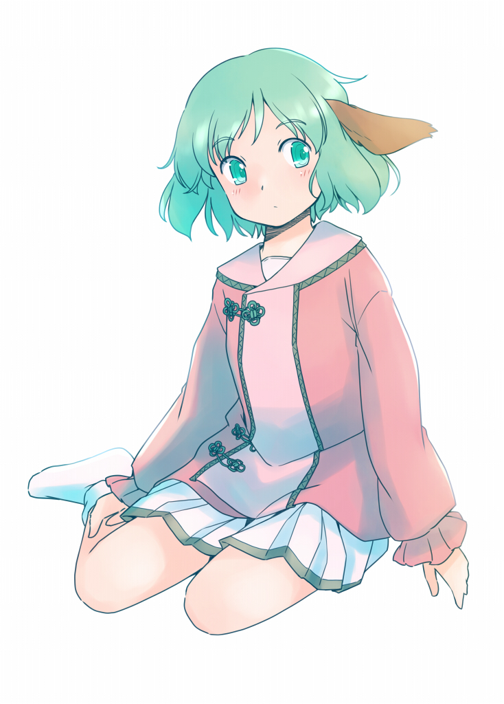 rangycrow, kasodani kyouko, touhou, commentary request, 1girl, animal ears, chinese knot, closed mouth, dog ears, dot mouth, full body, green eyes, green hair, knees, light blush, one-hour drawing challenge, pink shirt, pleated skirt, shirt, sideways glance, simple background, sitting, skirt, socks, solo, white background, white skirt, white socks, yokozuwari