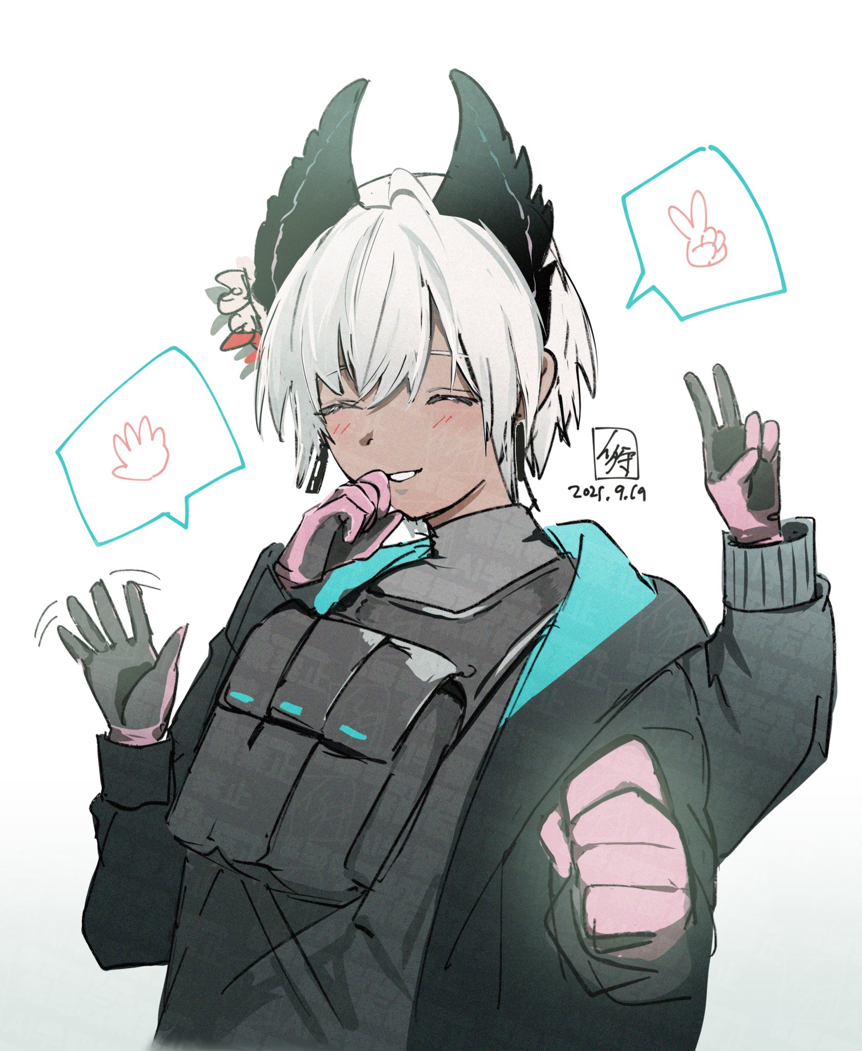 raidian (arknights), arknights, commentary request, highres, 1girl, bird girl, black feathers, black gloves, black jacket, blush, closed eyes, dark-skinned female, dark skin, extra arms, feathers, flower, fzzz21 i, gloves, grey hair, hair flower, hair ornament, head wings, jacket, multicolored gloves, parted lips, pink gloves, short hair, simple background, smile, solo, two-tone gloves, v, waving, white background, wings
