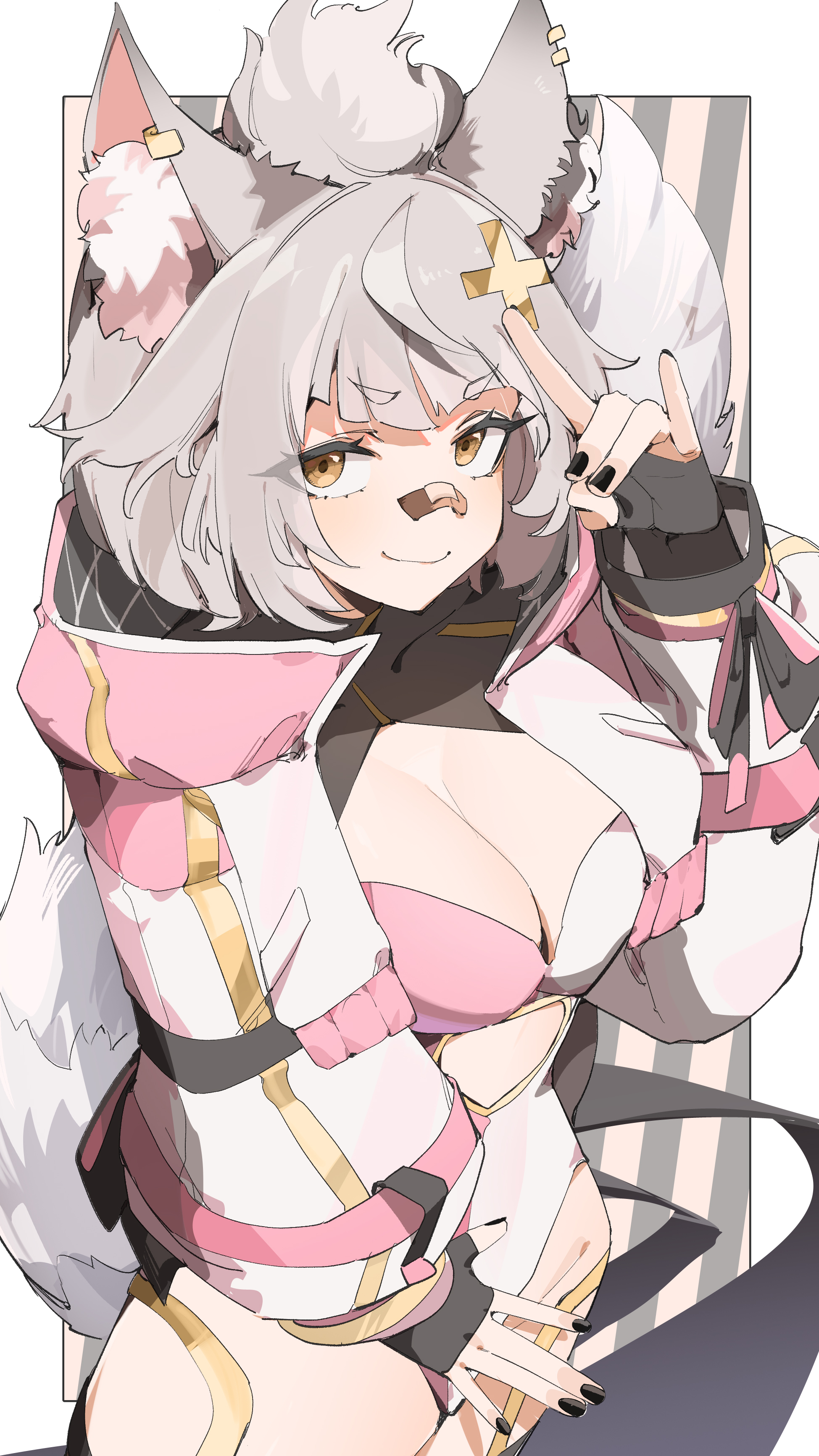 shirahiko (vtuber), indie virtual youtuber, absurdres, artist request, highres, 1girl, animal ear fluff, animal ear piercing, animal ears, bandaid, bandaid on face, bandaid on nose, bare hips, black nails, breasts, cleavage, covering privates, cross hair ornament, fingerless gloves, fox girl, gloves, hair ornament, jacket, leotard, looking at viewer, medium breasts, pink leotard, thighs, virtual youtuber, white jacket, white leotard, yellow eyes