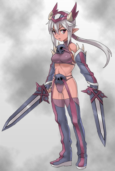 poporon, 1girl, boots, breasts, dark-skinned female, dark skin, detached sleeves, dual wielding, female focus, full body, gradient background, grey hair, helm, helmet, holding, midriff, pointy ears, red eyes, skull, solo, sword, thigh boots, thighhighs, weapon