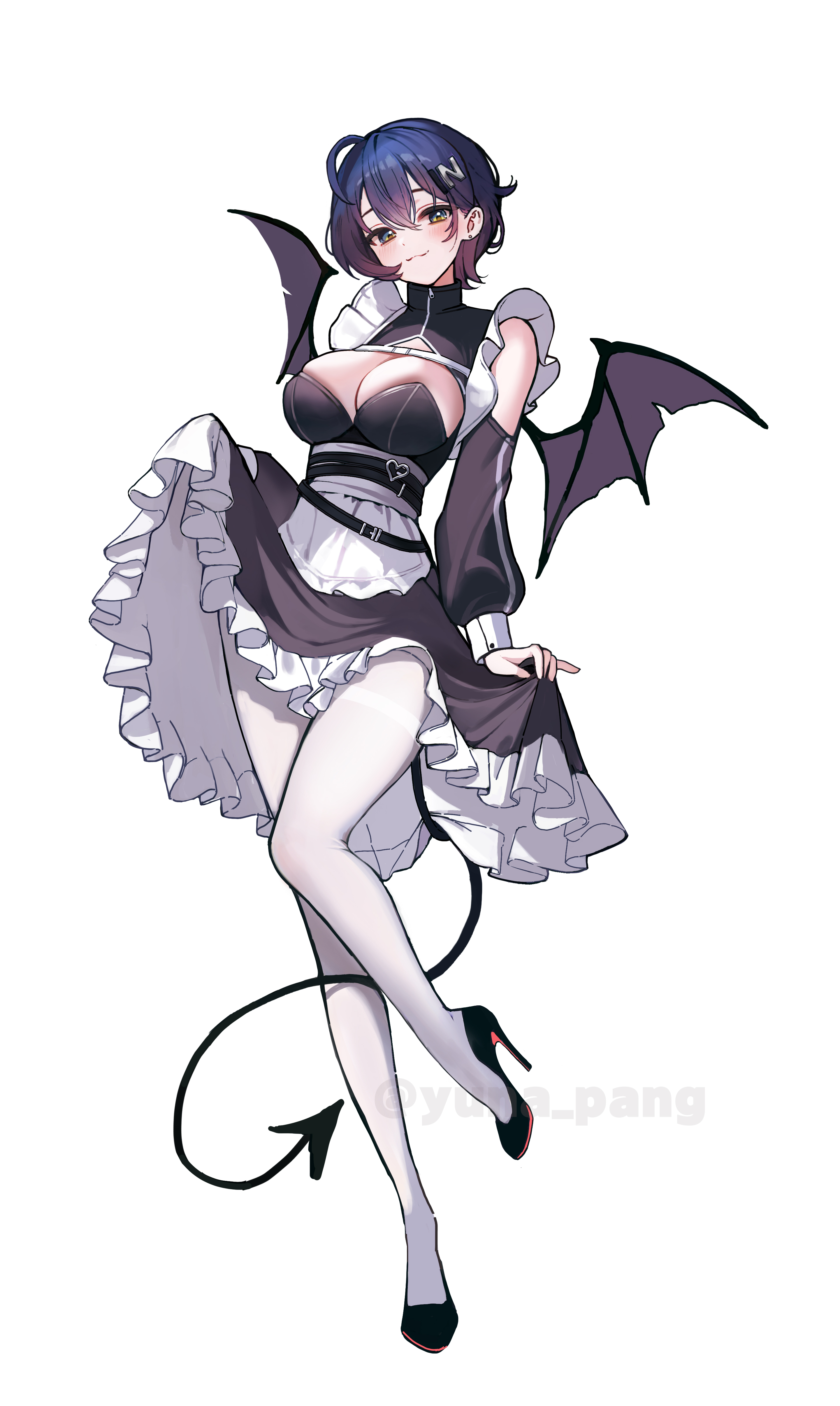 yuna (deadawon), belle (zenless zone zero), zenless zone zero, absurdres, commentary, highres, 1girl, alternate breast size (larger), alternate costume, apron, black dress, black shoes, blue hair, breasts, demon tail, demon wings, dress, enmaided, full body, green eyes, hair between eyes, hair ornament, high heels, large breasts, letter hair ornament, maid, open mouth, pantyhose, shoes, short hair, simple background, smile, solo, standing, standing on one leg, tail, white apron, white background, white pantyhose, wings