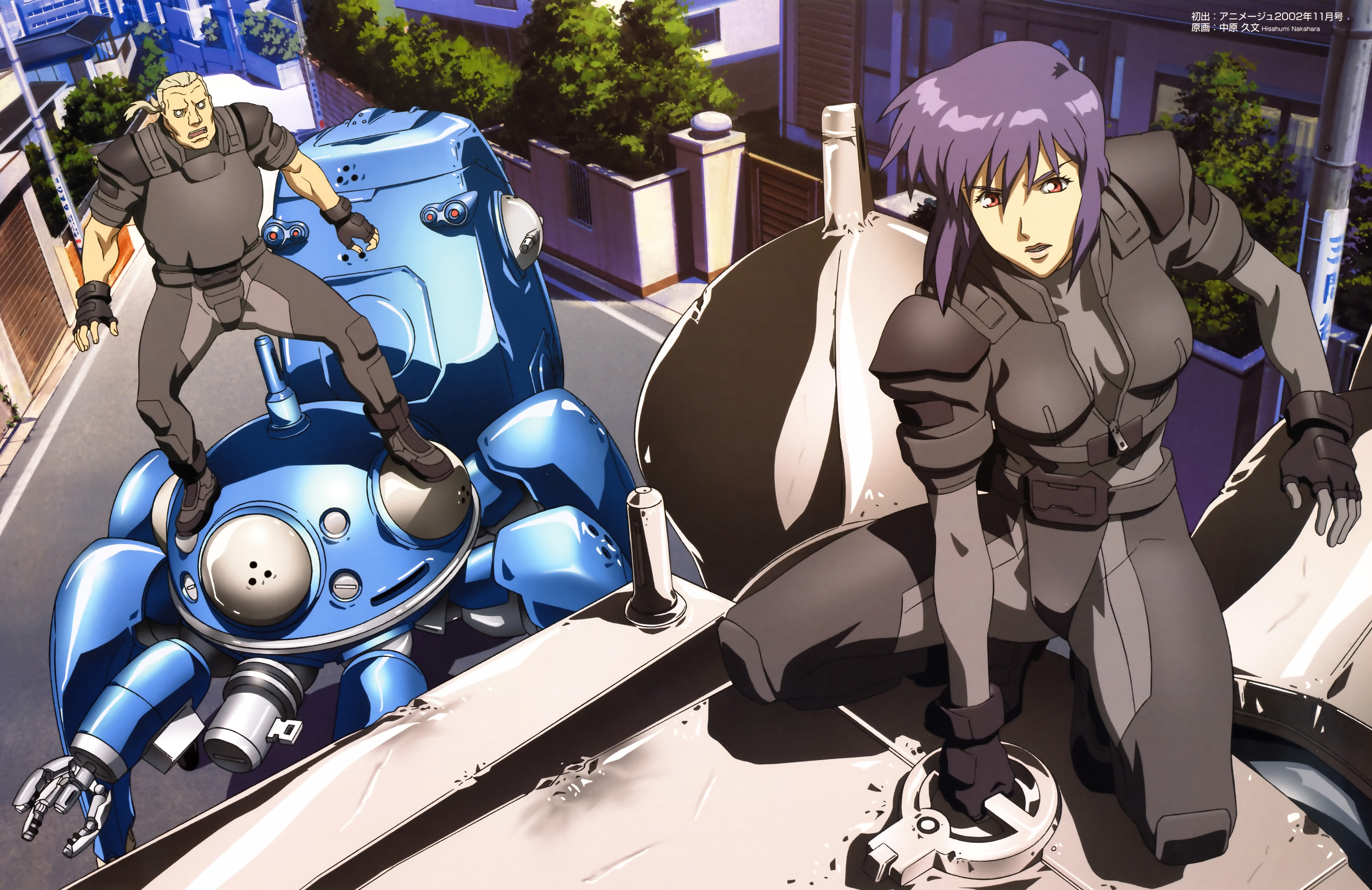 batou (gits), kusanagi motoko, tachikoma, ghost in the shell, ghost in the shell: stand alone complex, absurdres, highres, official art, 00s, 1boy, 1girl, armor, bodysuit, cyborg, fingerless gloves, gloves, mecha, ponytail, purple hair, red eyes, road, robot, short hair, street, tree, vanishing point, white hair