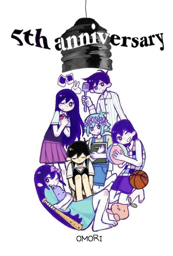 aubrey (headspace) (omori), aubrey (omori), basil (headspace) (omori), basil (omori), forest bunny (omori), hero (headspace) (omori), hero (omori), kel (headspace) (omori), kel (omori), mari (headspace) (omori), mari (omori), mr. plantegg (omori), sprout mole, sunny (omori), omori, commentary, english commentary, 2girls, 4boys, alternate eye color, anniversary, antenna hair, ball, baseball bat, basketball (object), black sweater vest, blue overalls, blue shirt, book, bow, bright pupils, brothers, brown shorts, closed eyes, closed mouth, collared pajamas, collared shirt, colored skin, double-parted bangs, flower, flower wreath, green hair, green shirt, grin, hair between eyes, hair bow, head wreath, holding, holding ball, holding book, holding stuffed toy, knees up, long hair, long shirt, long sleeves, looking at viewer, multiple boys, multiple girls, nail (hardware), nail bat, nill (nill), one eye closed, open mouth, overall shorts, overalls, pajamas, pink bow, pleated skirt, purple eyes, purple hair, purple shorts, purple sweater vest, red skirt, shirt, short hair, short sleeves, shorts, siblings, sidelocks, simple background, sitting, skirt, smile, striped clothes, striped pajamas, stuffed animal, stuffed eggplant, stuffed toy, sweater vest, t-shirt, teeth, upper teeth only, vertical-striped clothes, vertical-striped pajamas, white background, white pajamas, white pupils, white shirt, white skin