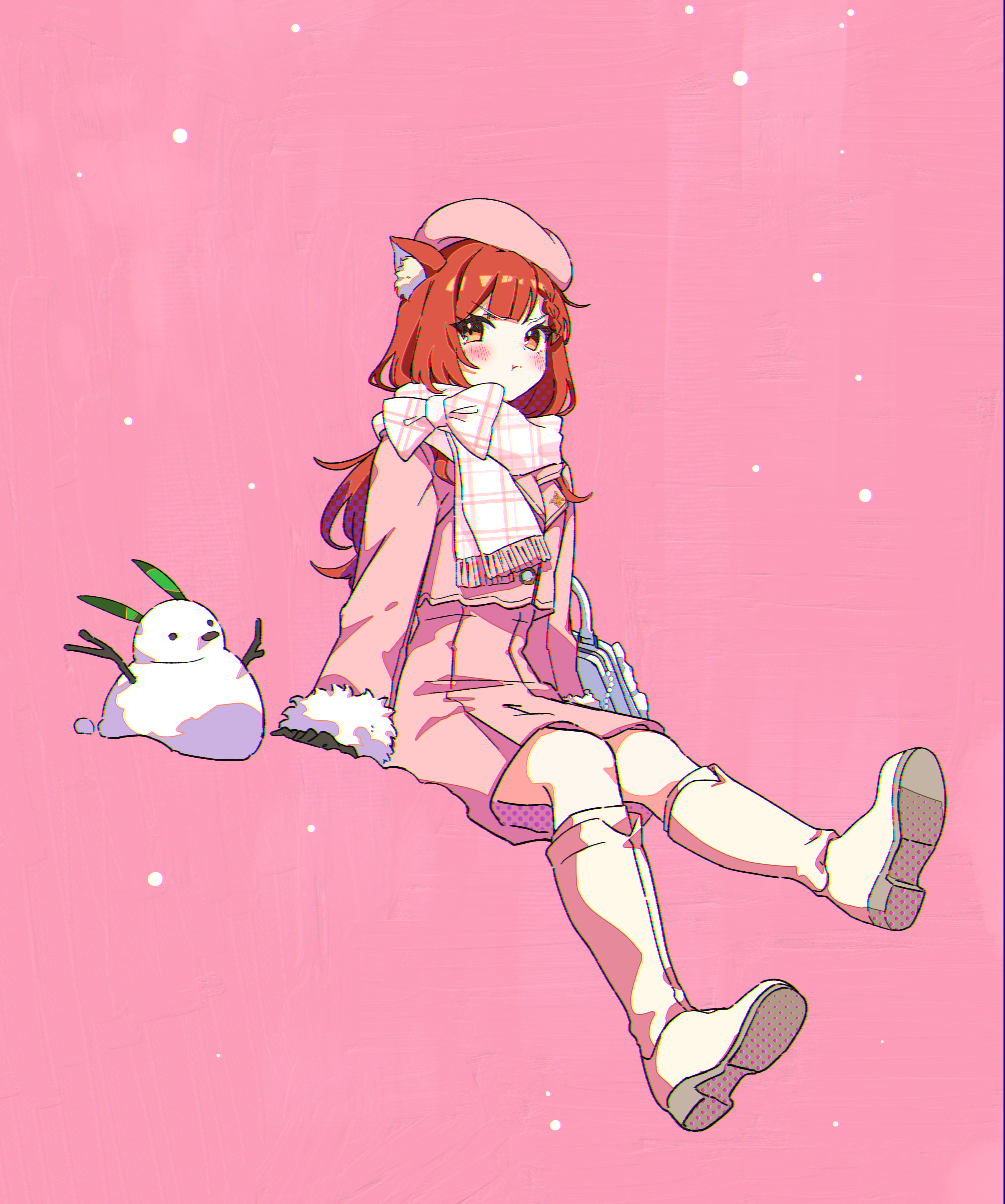 nishinoda, ratna petit, nijisanji, absurdres, commentary request, highres, 1girl, animal ear fluff, animal ears, arms at sides, bag, beret, blush, boots, bow, braid, cat ears, cat girl, closed mouth, coat, frown, full body, fur trim, handbag, hat, long hair, orange eyes, orange hair, pink background, pink coat, pink hat, pink scarf, pout, scarf, scarf bow, snowing, snowman, solo, virtual youtuber, white boots
