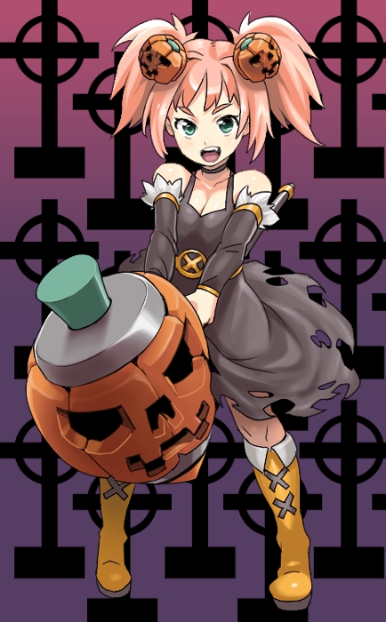 poporon, 1girl, boots, dress, female focus, food-themed hair ornament, hair ornament, halloween, jack-o'-lantern, pink hair, pumpkin, pumpkin hair ornament, short twintails, solo, twintails