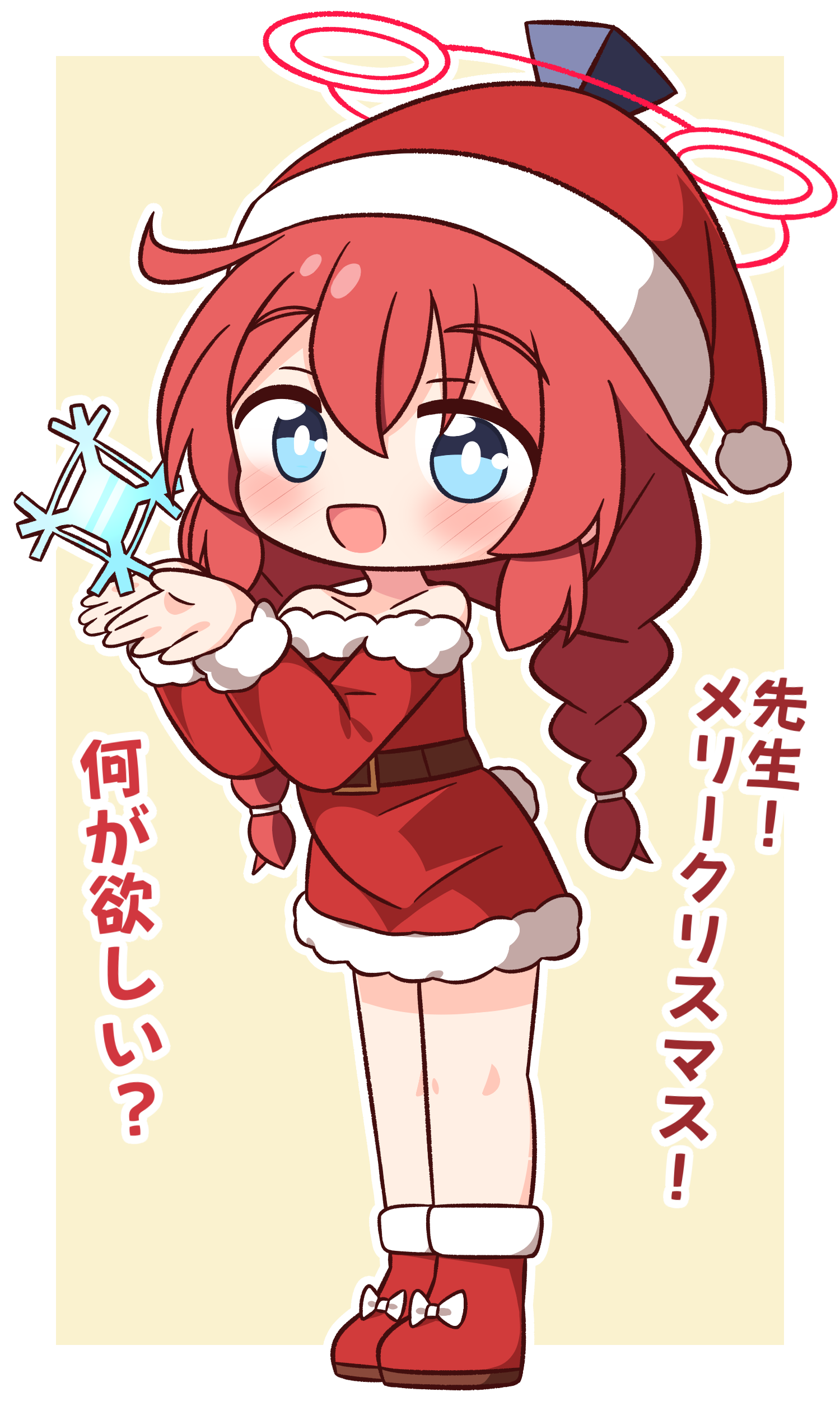 hana kazari, maki (blue archive), blue archive, absurdres, commentary request, highres, translation request, 1girl, :d, bare shoulders, blue eyes, blush, boots, border, bow, braid, collarbone, dress, footwear bow, full body, fur-trimmed boots, fur-trimmed dress, fur-trimmed sleeves, fur trim, halo, hands up, hat, long hair, long sleeves, looking at viewer, off-shoulder dress, off shoulder, open mouth, outline, outside border, red boots, red dress, red hair, red halo, santa costume, santa hat, simple background, smile, solo, standing, twin braids, white border, white bow, white outline, yellow background