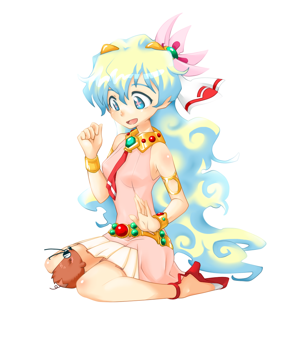 tokiwagi, boota (ttgl), nia teppelin, tengen toppa gurren lagann, highres, + +, 00s, 1girl, aged down, armlet, belt, cross-shaped pupils, dress, female focus, flower, hair flower, hair ornament, jewelry, long hair, multicolored hair, pink dress, pink skirt, sitting, skirt, smile, solo, symbol-shaped pupils, two-tone hair