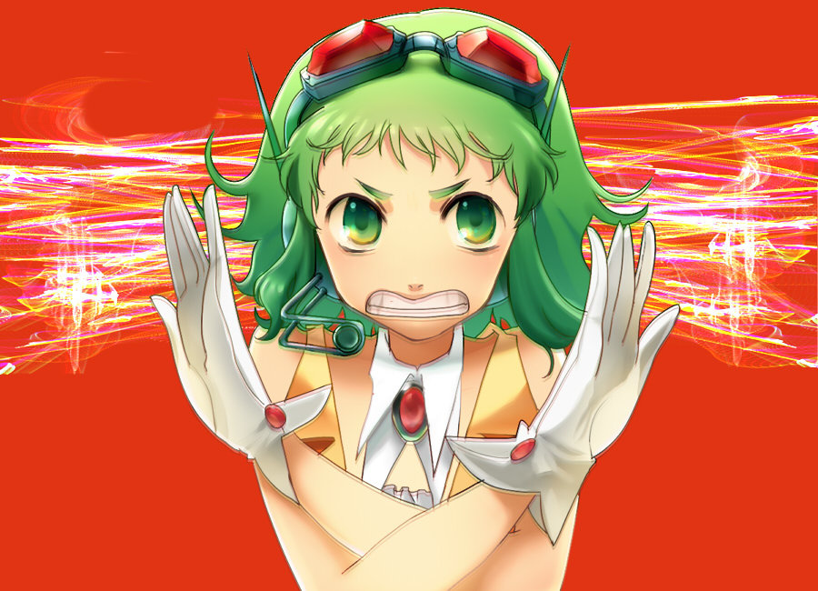 kojijima, gumi, kane, vocaloid, 1girl, angry, clenched teeth, female focus, gloves, goggles, goggles on head, green eyes, green hair, headphones, headset, matching hair/eyes, motion blur, red-tinted eyewear, short hair, solo, teeth, tinted eyewear