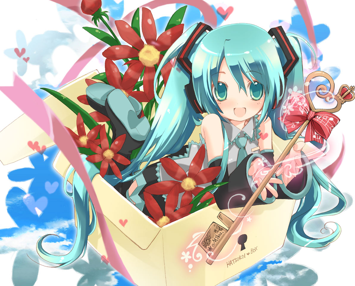 hekicha, hatsune miku, vocaloid, 1girl, aqua eyes, aqua hair, box, cardboard box, detached sleeves, female focus, flower, headphones, heart, in box, in container, key, long hair, necktie, skirt, smile, solo, thighhighs, twintails, very long hair