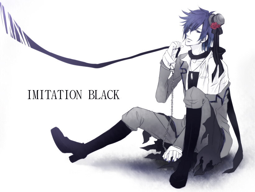 kotomi, kaito (vocaloid), imitation black (vocaloid), vocaloid, 1boy, blue eyes, blue hair, boots, cuffs, flower, handcuffs, hat, hat flower, male focus, matching hair/eyes, mini hat, mini top hat, red rose, ribbon, rose, sitting, solo, top hat