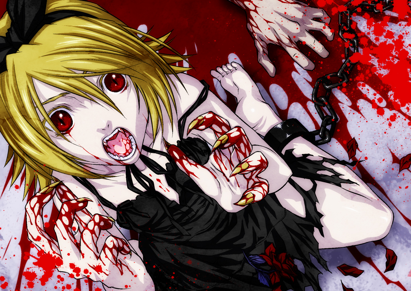 iga tomoteru, kagamine rin, vocaloid, 1girl, black dress, blonde hair, blood, claws, dress, female focus, flower, from above, hair ribbon, kneeling, male hand, open mouth, petals, red eyes, ribbon, rose, short hair, solo, tears, vampire