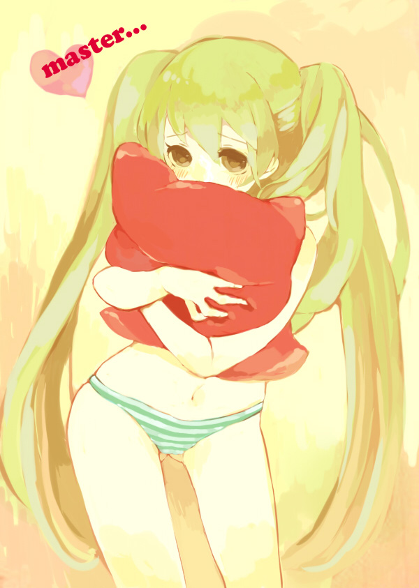 gou (tomero), tomero, hatsune miku, vocaloid, bad id, bad pixiv id, 1girl, blush, female focus, green eyes, green hair, hugging object, long hair, matching hair/eyes, panties, pillow, pillow hug, solo, striped clothes, striped panties, topless female, twintails, underwear, very long hair