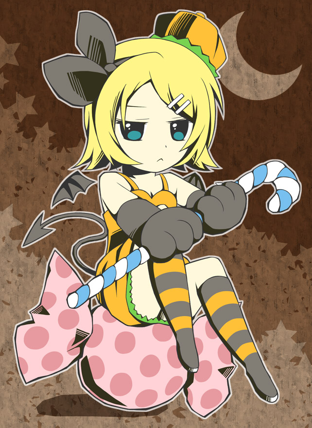 choco cookie, riku kanna, kagamine rin, vocaloid, 1girl, :<, aqua eyes, bat wings, blonde hair, candy, chibi, female focus, food, hair ornament, hair ribbon, hairclip, halloween, kneehighs, ribbon, short hair, socks, solo, striped clothes, striped socks, tail, wings