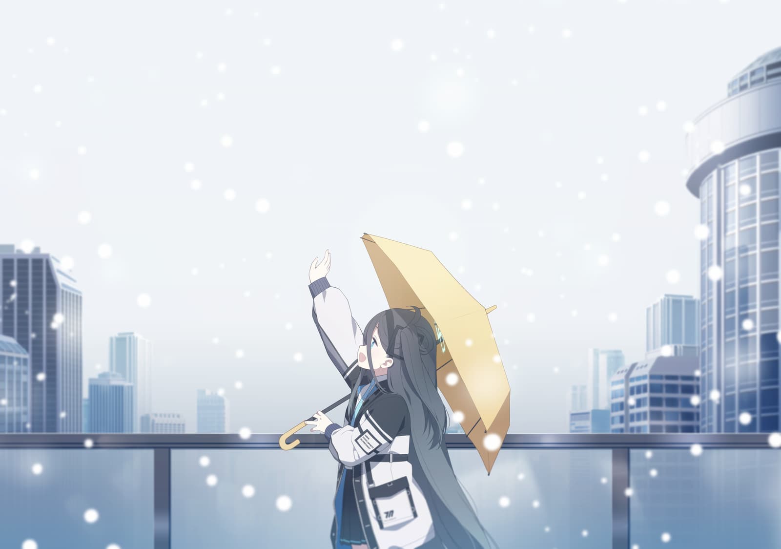 aris (blue archive), blue archive, artist request, game cg, highres, non-web source, official art, 1girl, arm up, black hair, black hairband, black skirt, blue halo, blue necktie, city, collared shirt, from side, hair between eyes, hairband, halo, holding, holding umbrella, jacket, long hair, looking up, necktie, one side up, open clothes, open jacket, open mouth, shirt, skirt, snow, solo, umbrella, white jacket, white shirt