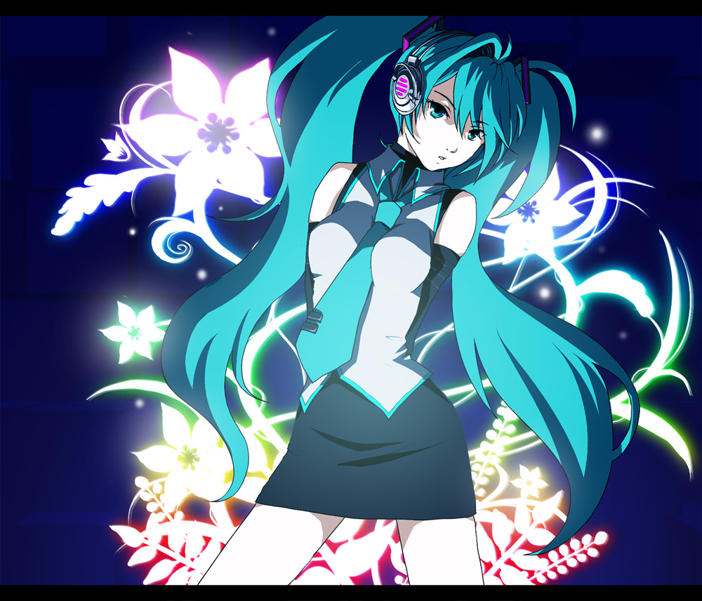 vesper, hatsune miku, vocaloid, 1girl, aqua eyes, aqua hair, detached sleeves, female focus, headphones, long hair, necktie, skirt, solo, twintails