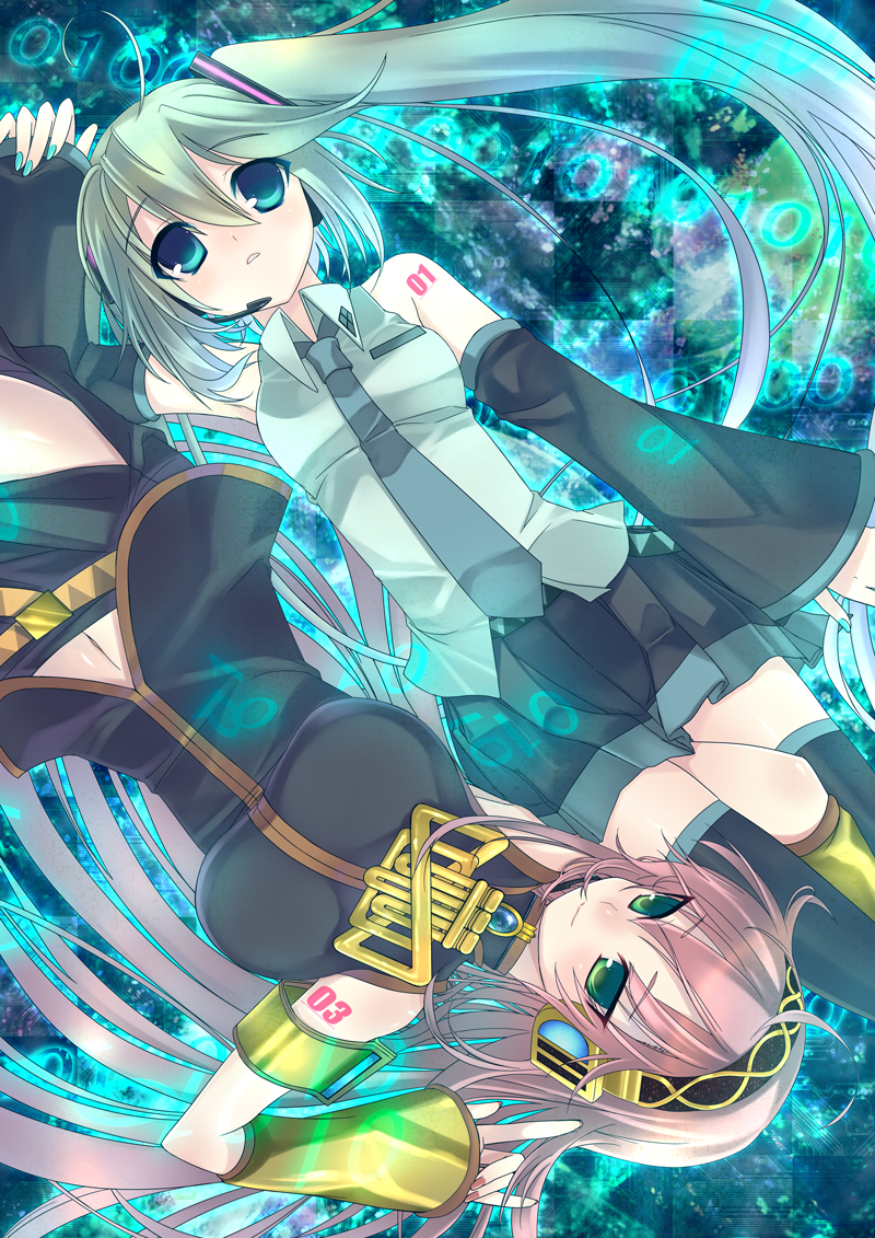 tahya, hatsune miku, megurine luka, vocaloid, 2girls, aqua eyes, aqua hair, aqua nails, detached sleeves, green eyes, headset, long hair, multiple girls, nail polish, navel, pink hair, pink nails, rotational symmetry, skirt, sleeves past wrists, smile, tareme, thighhighs, tsurime, twintails, zettai ryouiki