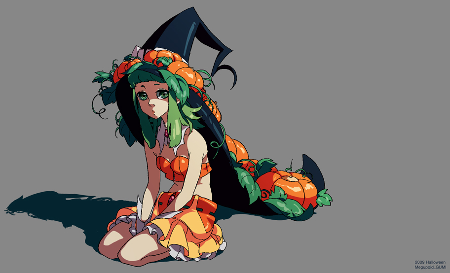 naya (448), gumi, vocaloid, bad id, bad pixiv id, 1girl, female focus, food-themed hair ornament, green eyes, green hair, hair ornament, halloween, hat, long hair, matching hair/eyes, midriff, pumpkin, pumpkin hair ornament, simple background, sitting, skirt, solo, witch hat, wrist cuffs